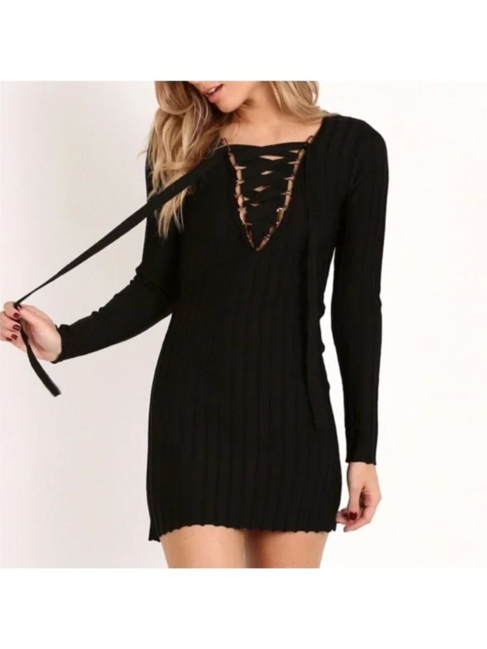 For Love and Lemons Knitz Simone Lace Up Ribbed Knit Mini Dress Black Medium LBD